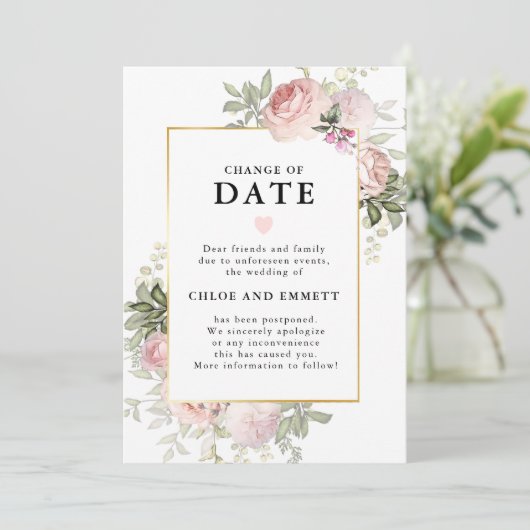 Änderung des Datums Rosa Blumenhochzeit Einladung (Stehend Vorderseite)