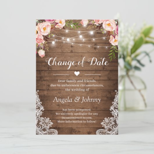 Änderung des Datums Rustikale, florale Spitzen-Lic Einladung (Stehend Vorderseite)