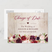 Änderung des Datums Rustikales Holz Burgund Rote F Postkarte (Vorne/Hinten)