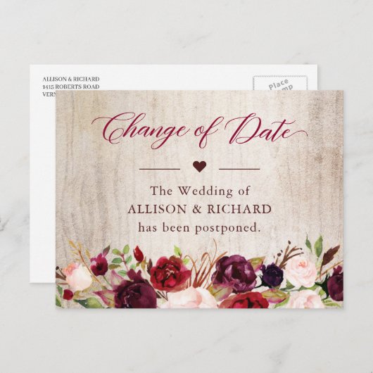 Änderung des Datums Rustikales Holz Burgund Rote F Postkarte (Vorne/Hinten)