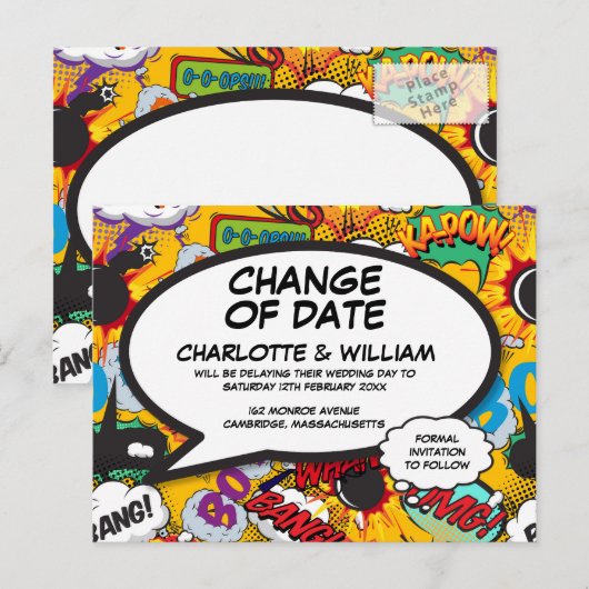 Änderung des Datums Verspäteter zeitgemäßes Comic  Ankündigungspostkarte (Vorne/Hinten)