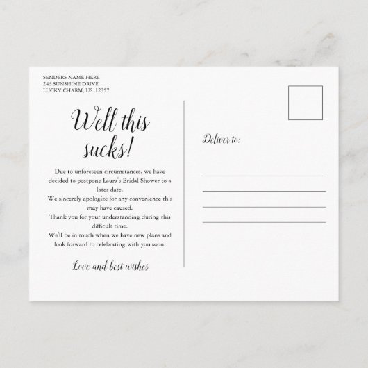 Änderung des Datums Zurückgestellt Stornierte Erei Postkarte (Rückseite)