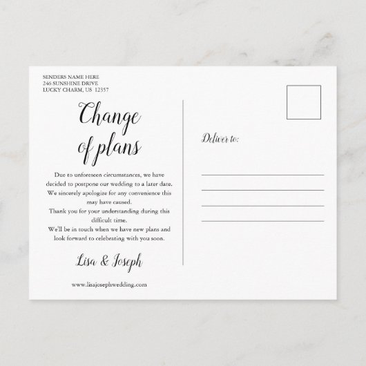 Änderung des Datums Zurückgestellt Storniertes Ere Ankündigungspostkarte (Rückseite)