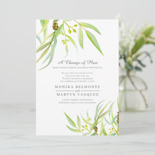 Änderung des Plans Eukalyptus-Blattwasserfarbenhoc Einladung (Stehend Vorderseite)