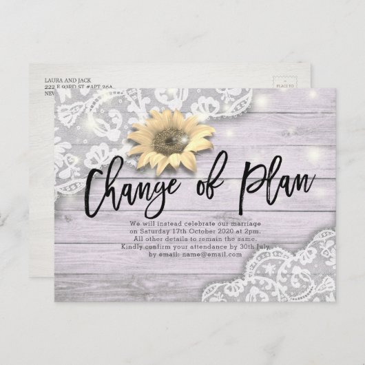Änderung des Plans Hochzeit Aufschub Spitze Sonnen Ankündigungspostkarte (Vorne/Hinten)
