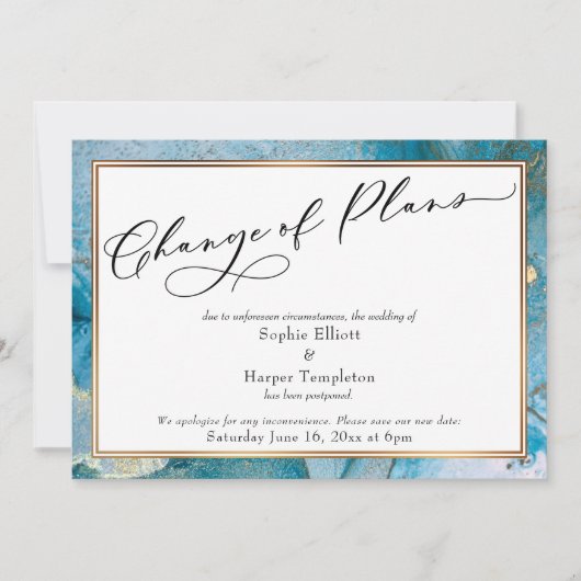 Änderung von Plänen Aquamarine Gold-Verspätungskar Einladung (Vorderseite)