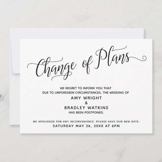 Änderung von Plänen aufgeschoben Hochzeitsankündig Einladung (Vorderseite)