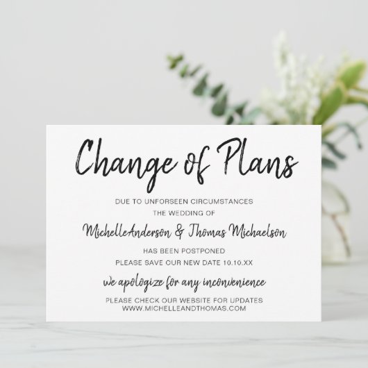 Änderung von Plänen einfach schwarz-weiß Save The Date (Stehend Vorderseite)