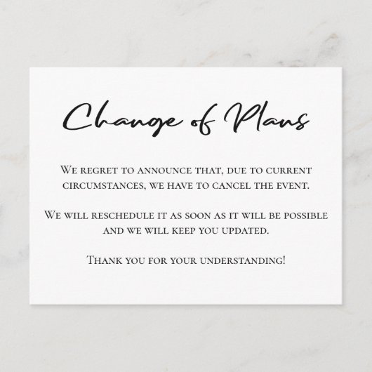 Änderung von Plänen einfache Aufschubankündigung Postkarte (Vorderseite)