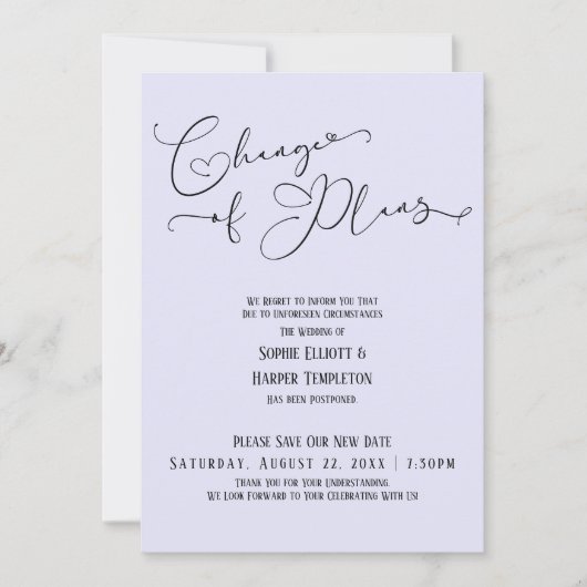 Änderung von Plänen, eleganter Lavendel Neuhochzei Einladung (Vorderseite)