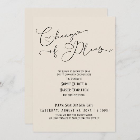 Änderung von Plänen, elegantes Cream-neues Hochzei Einladung (Vorne/Hinten)