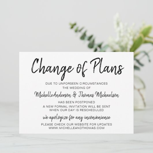 Änderung von Plänen Hochzeit einfache Schwarz-Weiß Save The Date (Stehend Vorderseite)