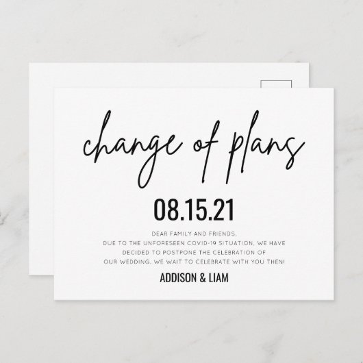 Änderung von Plänen Hochzeit speichern das Datum Ankündigungspostkarte (Vorne/Hinten)