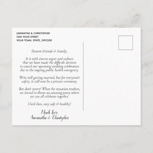 Änderung von Plänen Hochzeit verschoben einfache B Ankündigungspostkarte (Rückseite)