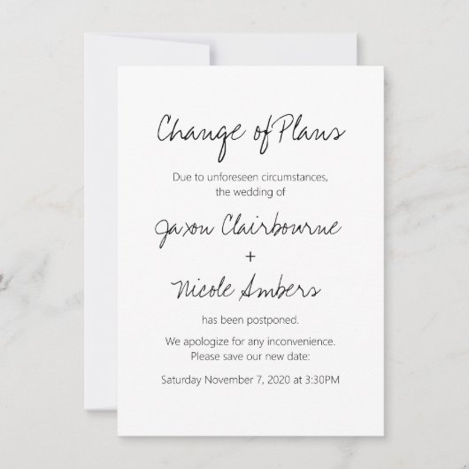 Änderung von Plänen Umschulung Foto Hochzeit oder  Einladung (Vorderseite)