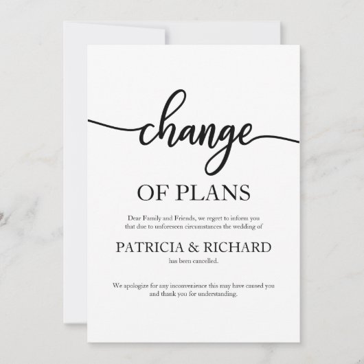 Änderung von Plänen verschoben stornierte Hochzeit Einladung (Vorderseite)
