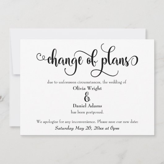 "Änderung von Plänen" Zurückgestellte Hochzeitsank Einladung (Vorderseite)