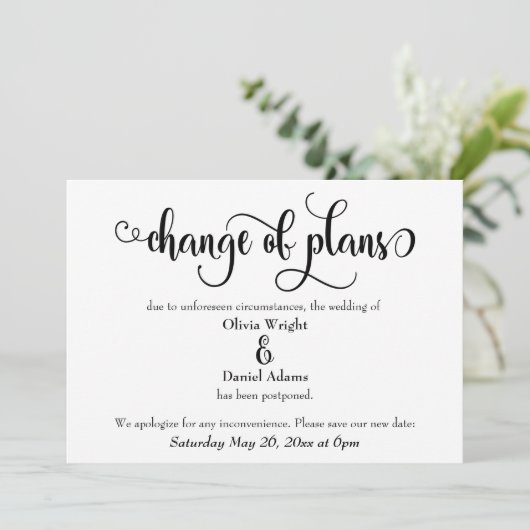 "Änderung von Plänen" Zurückgestellte Hochzeitsank Einladung (Stehend Vorderseite)
