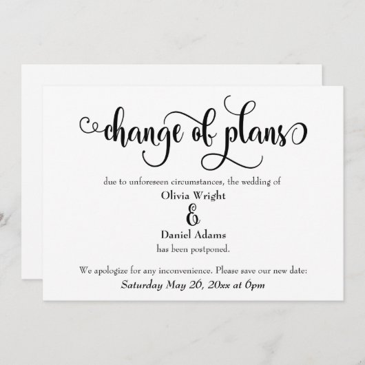 "Änderung von Plänen" Zurückgestellte Hochzeitsank Einladung (Vorne/Hinten)