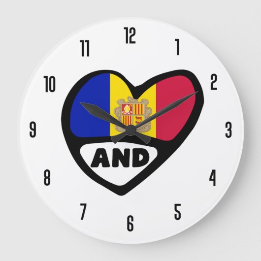 Andorra Ländercode und Flaggenherz Große Wanduhr (Vorderseite)