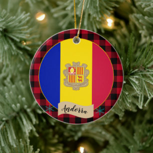 Andorra, Roter Büffel kariert & Andorran-Flagge Keramik Ornament