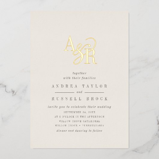 ANDREA Beige and Gold Foil Formal Elegant Wedding Folieneinladung (Vorderseite)