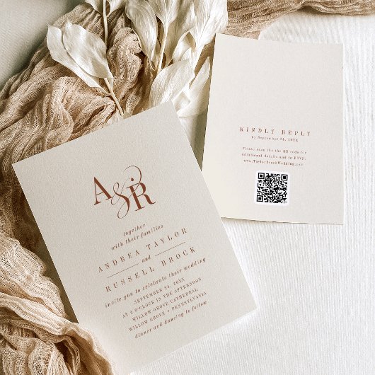 ANDREA Boho Creme QR Code Klassische elegante Hoch Einladung