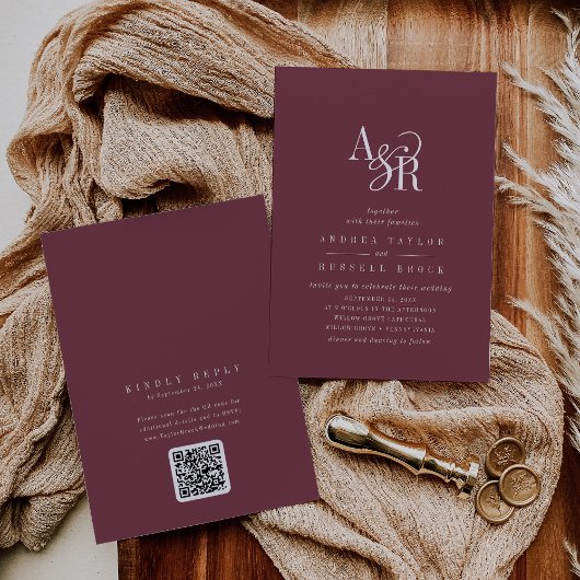 ANDREA Burgund QR-Code klassische elegante Hochzei Einladung
