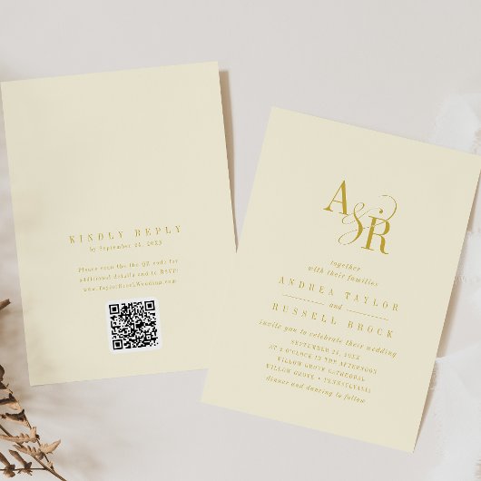 ANDREA Butter Yellow QR Code Elegante Hochzeit Einladung