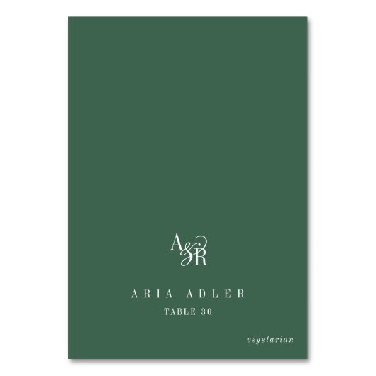 ANDREA Dark Green Minimal Wedding Place Cards Tischnummer (Vorderseite)