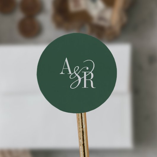 ANDREA Dark Green Modern Simple Wedding Monogram Runder Aufkleber