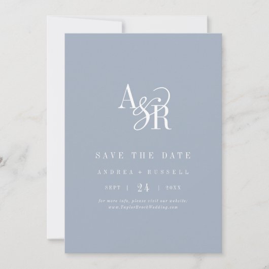ANDREA Monogram Simple Dusty Blue Minimal Wedding Save The Date (Vorderseite)