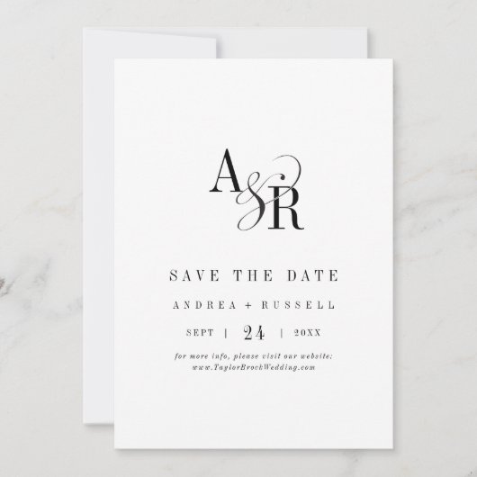 ANDREA Monogram Simple Modern White Black Wedding Save The Date (Vorderseite)