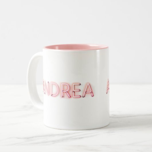 Andrea Name in Glows Neon Lights Zweifarbige Tasse (Vorderseite Links)