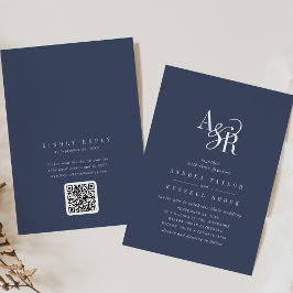 ANDREA Navy Blau QR Code Klassische Elegante Hochz Einladung