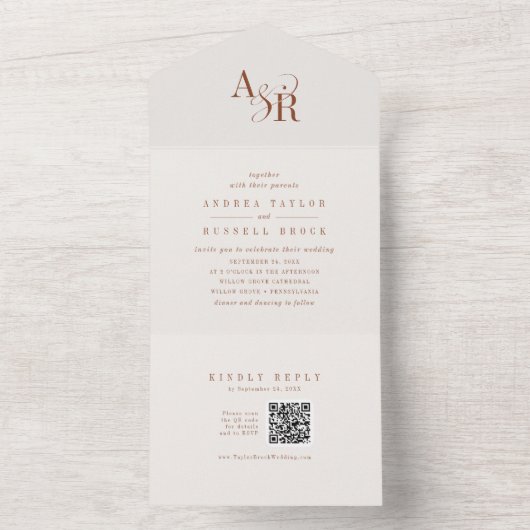 ANDREA QR Code Boho Cream Simple Minimal Wedding All In One Einladung (Innen Boden)