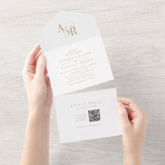 ANDREA QR Code Elegantes formales Gold Klassisches All In One Einladung (Abreißen)