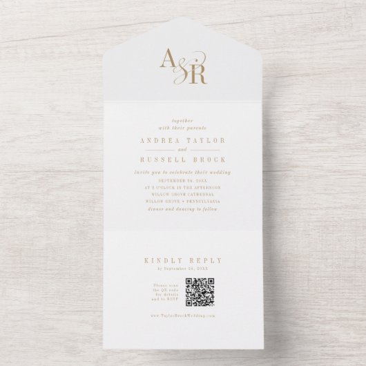 ANDREA QR Code Elegantes formales Gold Klassisches All In One Einladung (Innen Boden)