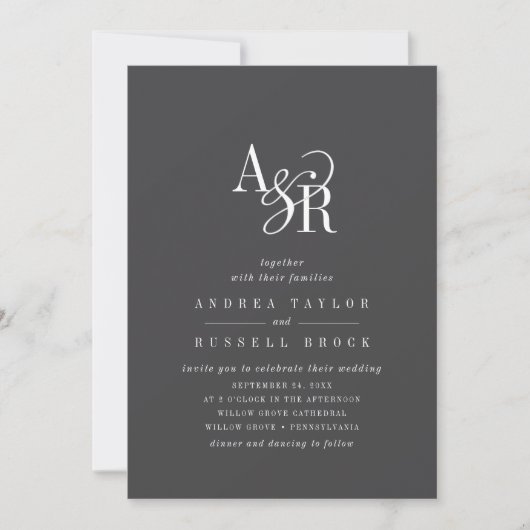 ANDREA QR Code Gray Dark Academia Initials Wedding Einladung (Vorderseite)