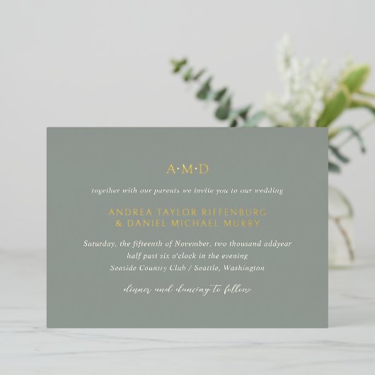 Andrea Sage Green Elegant Wedding Folieneinladung (Stehend vorne)