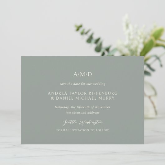 Andrea Sage Green Elegant Wedding Save The Date (Stehend Vorderseite)