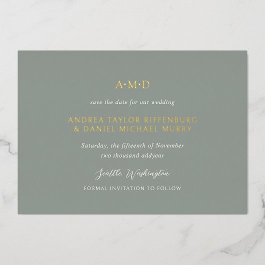 Andrea Sage Green Elegant Wedding Save the Date Folieneinladung (Vorderseite)