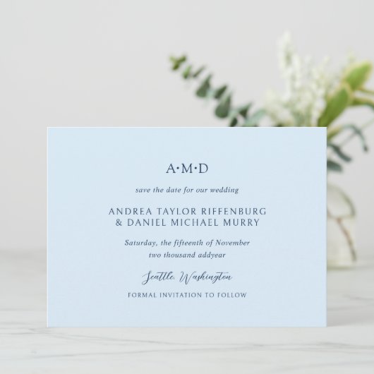 Andrea Sky Blue Elegant Wedding Save The Date (Stehend Vorderseite)