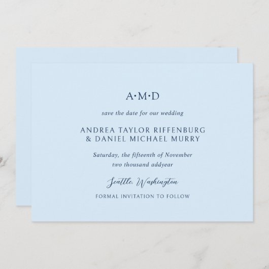 Andrea Sky Blue Elegant Wedding Save The Date (Vorne/Hinten)