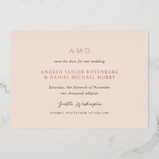 Andrea Tan Elegant Wedding Save the Date Folieneinladung (Vorderseite)