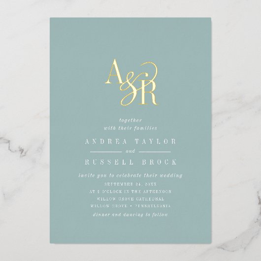 ANDREA Teal Blue Gold Foil Formal Elegant Wedding Folieneinladung (Vorderseite)