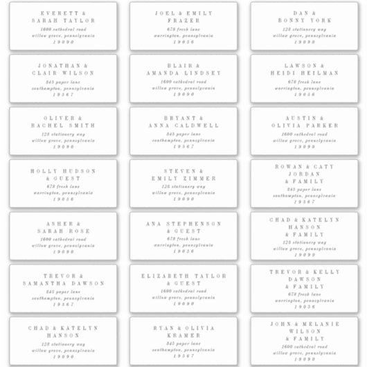 ANDREA White Black Wedding Guest Address Labels (Vorderseite)