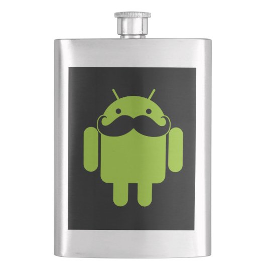 Android Robot Mustache Style auf schwarz Flachmann (Vorderseite)