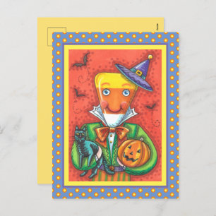 ANDY THE CANDY CORN MAN, BLACK CAT & JACK Colorful Feiertagspostkarte
