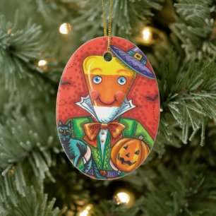 ANDY THE CANDY CORN MAN, BLACK CAT & JACK Colorful Keramik Ornament